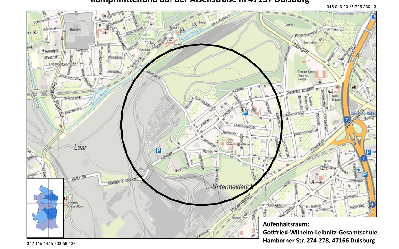 Der Evakuierungskreis der Entschärfung am 28.04.2025 in Duisburg Meiderich.