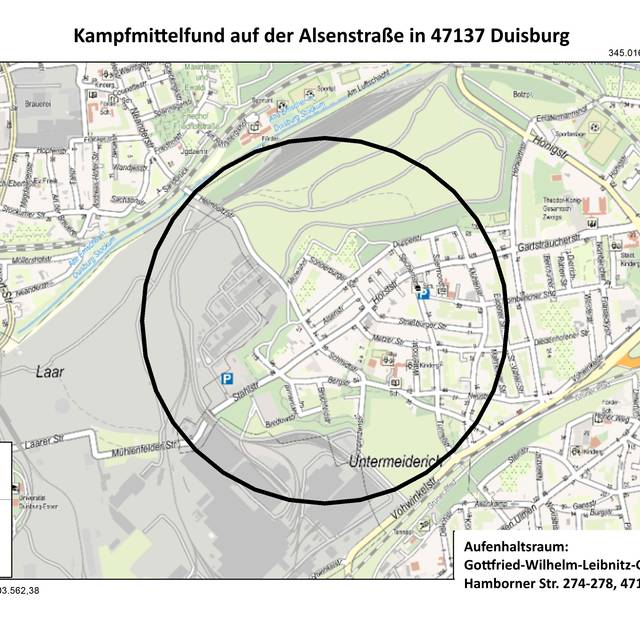 Der Evakuierungskreis der Entschärfung am 28.04.2025 in Duisburg Meiderich.
