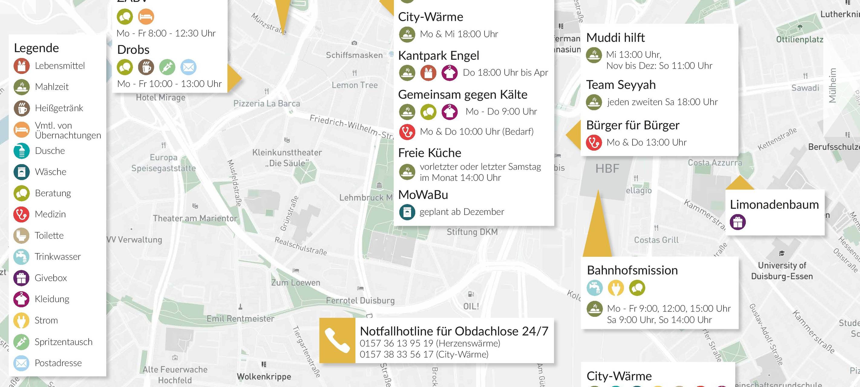 Limokarte: Hilfsangebote für Obdachlose in Duisburg