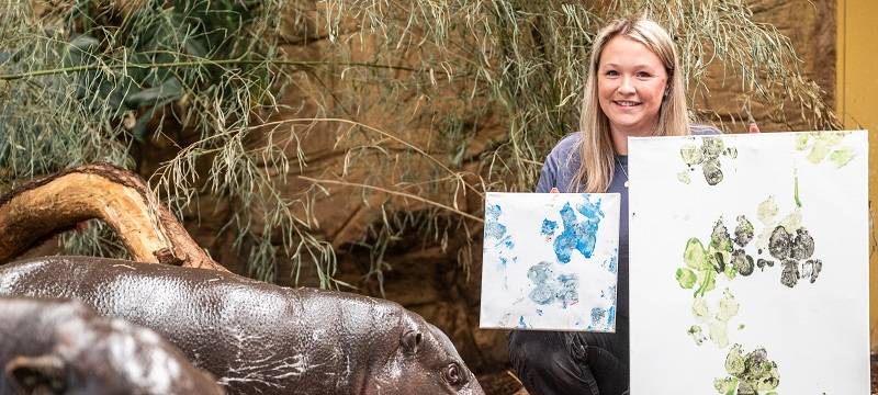 Tierpflegerin Melina Tetzlaff präsentiert die einzigartige Hippo-Kunst im Zoo Duisburg.