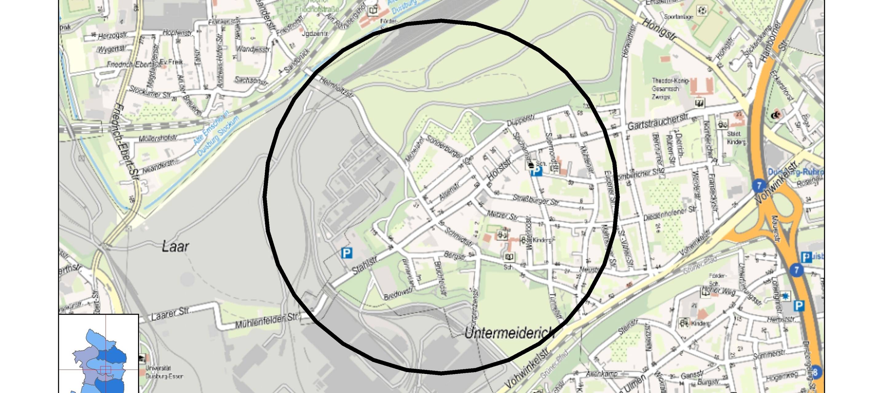 Der Evakuierungskreis der Entschärfung am 28.04.2025 in Duisburg Meiderich.