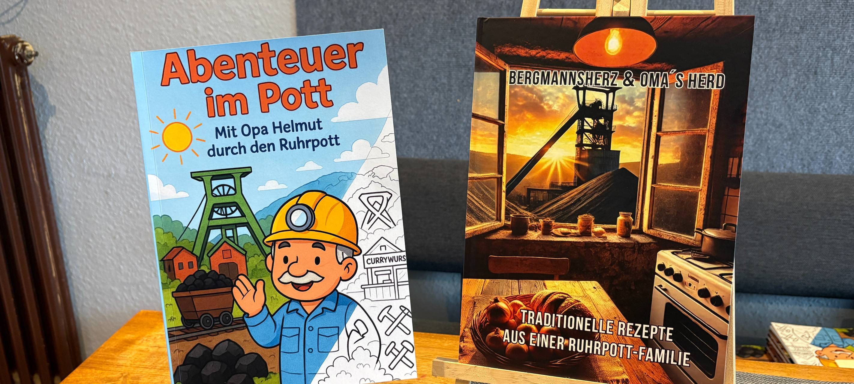 Die beiden Bücher vom Duisburger Melvin Flor: „Bergmannsherz und Omas Herd“ und "Abenteuer im Pott - mit Opa Helmut durch den Ruhrpott".